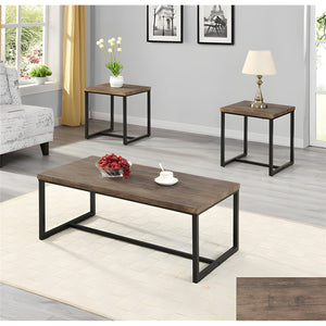 IFDC - Ensemble de 1 Table à Café et 2 Table d'appoint avec Dessus en Bois et Base en Métal, Marron - Simple Boutique