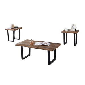 IFDC - Ensemble de 1 Table à Café et 2 Tables d'appoints, Pieds en Métal, Motif Bois Marron - Simple Boutique