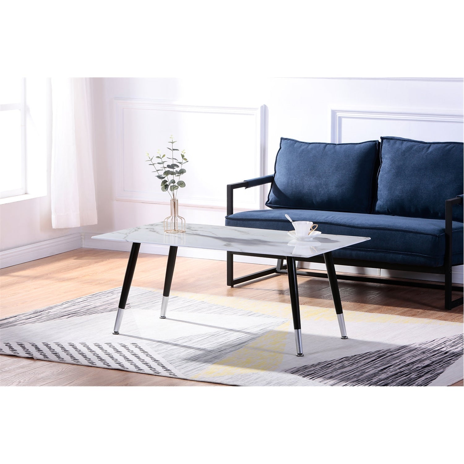 IFDC - Table à Café avec Dessus en Verre et Base en Métal, 44''x22''x18'', Motif Marbre Blanc - Simple Boutique