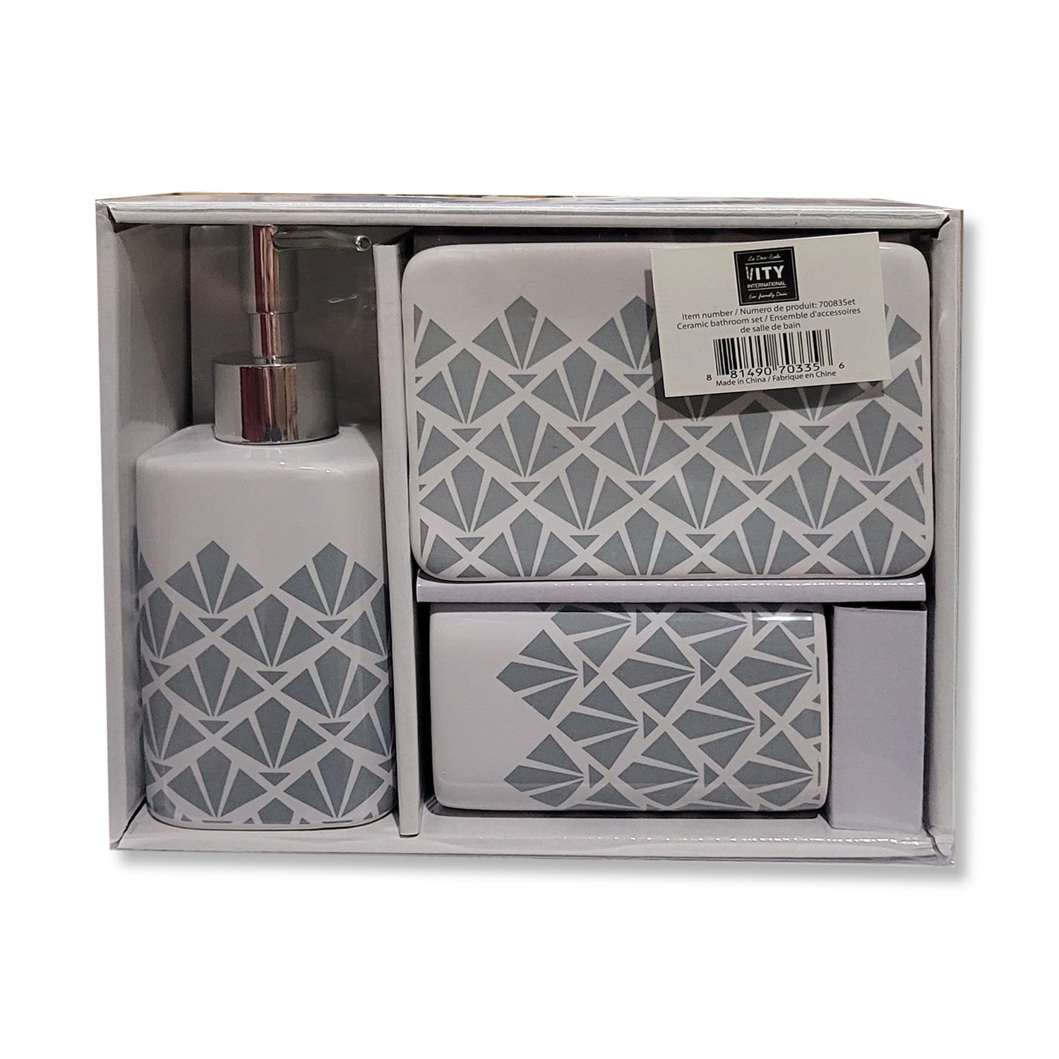 ITY International - Ensemble de 3 Morceaux d'accessoires pour Salle de Bain, Fabriqué en Céramique, Gris et Blanc - Simple Boutique