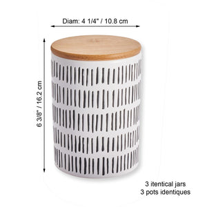 ITY International - Ensemble de 3 Pots de Rangement Hermétiques en Céramique avec Couvercle en Bambou, Grandeur Large, Blanc et Noir - Simple Boutique