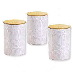 ITY International - Ensemble de 3 Pots de Rangement Hermétiques en Céramique avec Couvercle en Bambou, Grandeur Large, Blanc - Simple Boutique
