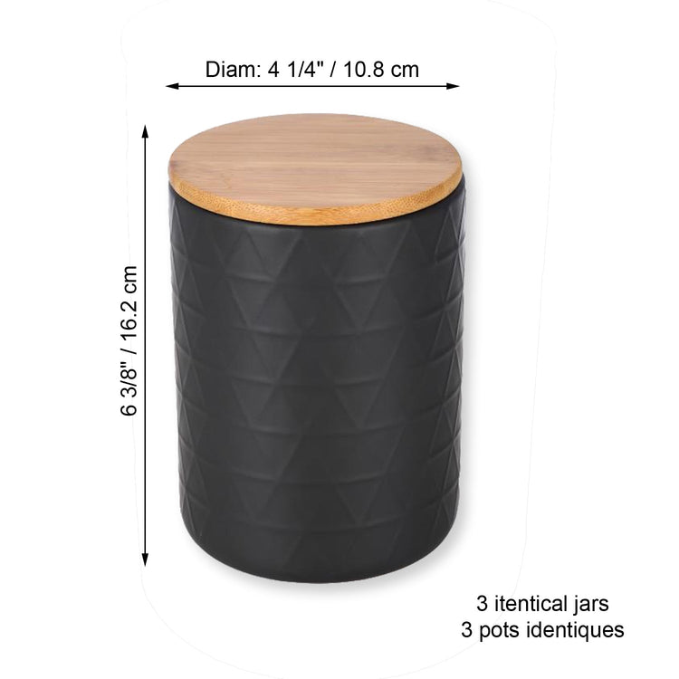 ITY International - Ensemble de 3 Pots de Rangement Hermétiques en Céramique avec Couvercle en Bambou, Grandeur Large, Noir - Simple Boutique
