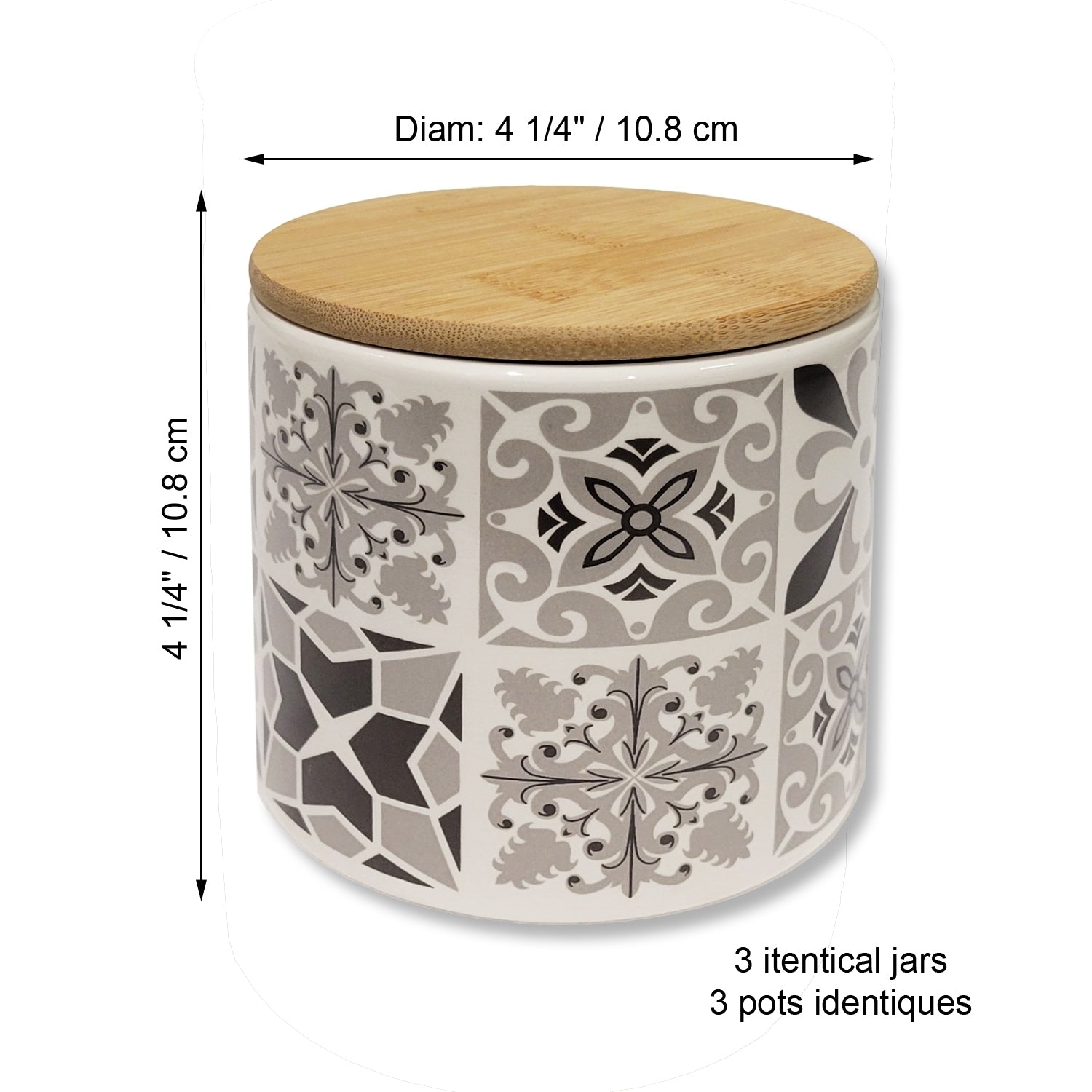 ITY International - Ensemble de 3 Pots de Rangement Hermétiques en Céramique avec Couvercle en Bambou, Grandeur Petit, Blanc et Noir - Simple Boutique