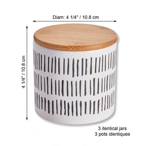 ITY International - Ensemble de 3 Pots de Rangement Hermétiques en Céramique avec Couvercle en Bambou, Grandeur Petit, Blanc et Noir - Simple Boutique