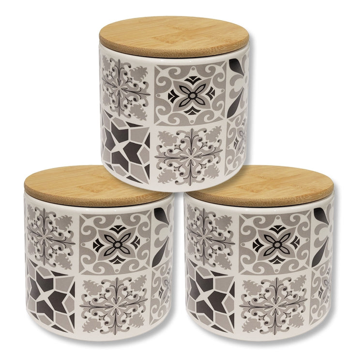 ITY International - Ensemble de 3 Pots de Rangement Hermétiques en Céramique avec Couvercle en Bambou, Grandeur Petit, Blanc et Noir - Simple Boutique