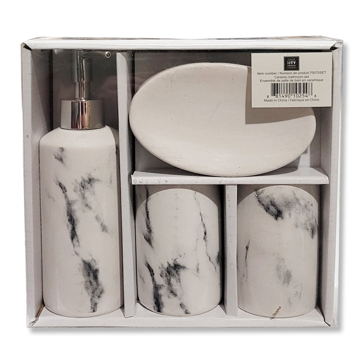 ITY International - Ensemble de 4 Morceaux d'accessoires pour Salle de Bain, Fabriqué en Céramique, Motif Marbre Blanc - Simple Boutique