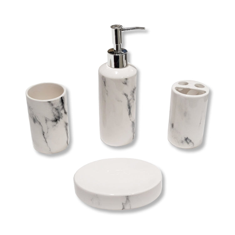 ITY International - Ensemble de 4 Morceaux d'accessoires pour Salle de Bain, Fabriqué en Céramique, Motif Marbre Blanc - Simple Boutique
