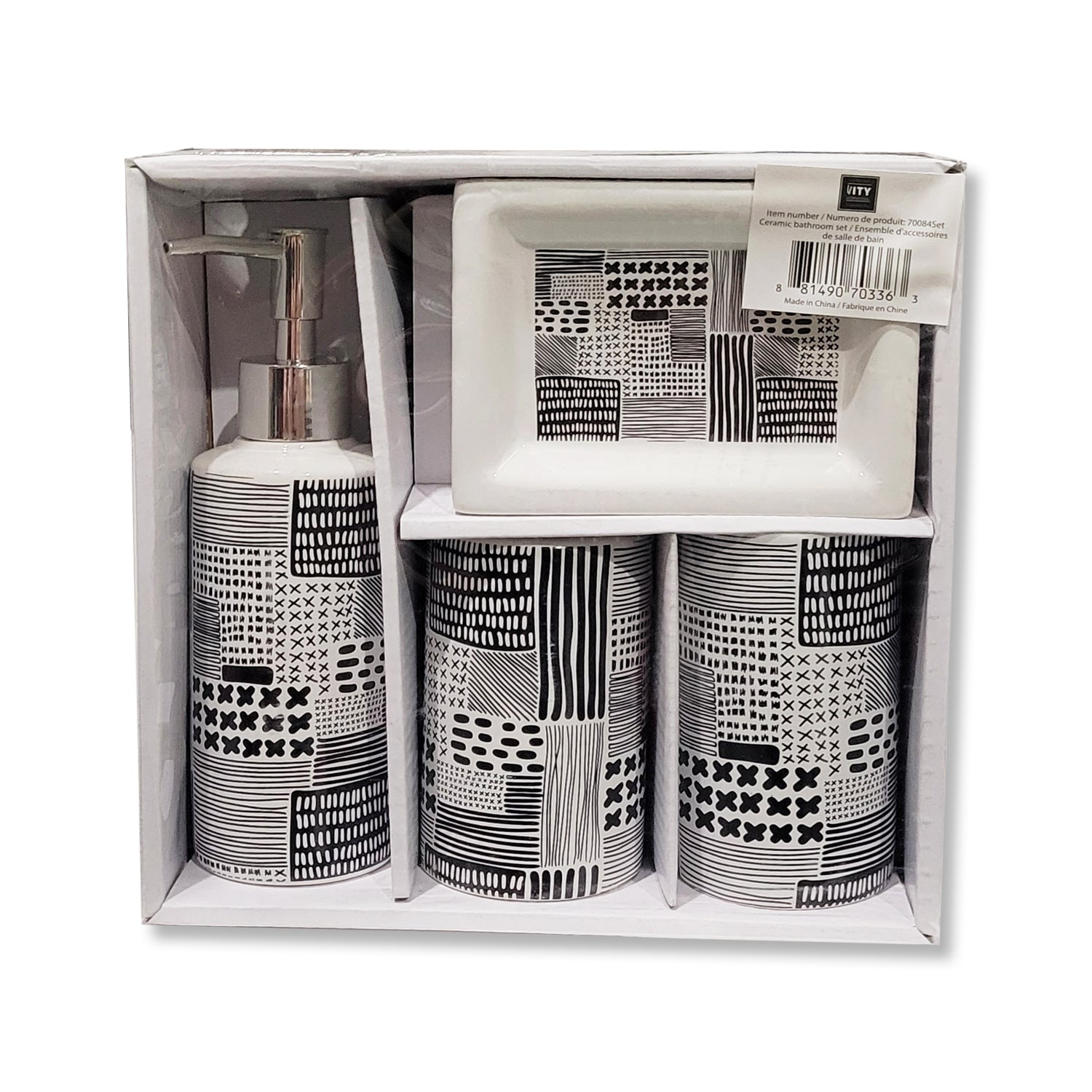 ITY International - Ensemble de 4 Morceaux d'accessoires pour Salle de Bain, Fabriqué en Céramique, Noir et Blanc - Simple Boutique