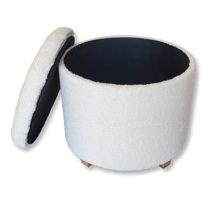 ITY International - Ottomane/ Repose-Pieds Rond avec Rangement, Tissus Pelucheux, 18" x 16", Blanc - Simple Boutique