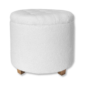 ITY International - Ottomane/ Repose-Pieds Rond avec Rangement, Tissus Pelucheux, 18" x 16", Blanc - Simple Boutique