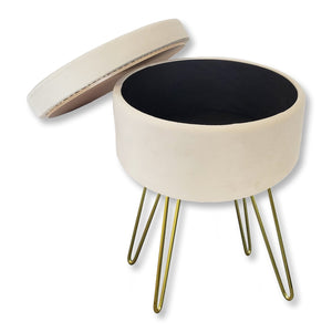 ITY International - Pouf / Repose-Pied en Velour avec Rangement et Plateau, Base en Métal, Blanc - Simple Boutique