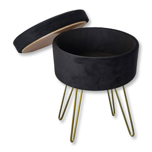 ITY International - Pouf / Repose-Pied en Velour avec Rangement et Plateau, Base en Métal, Noir - Simple Boutique