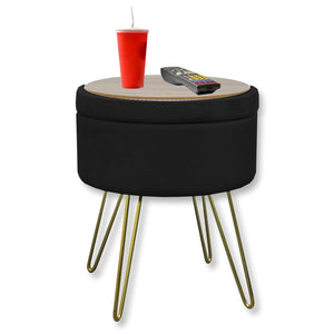 ITY International - Pouf / Repose-Pied en Velour avec Rangement et Plateau, Base en Métal, Noir - Simple Boutique