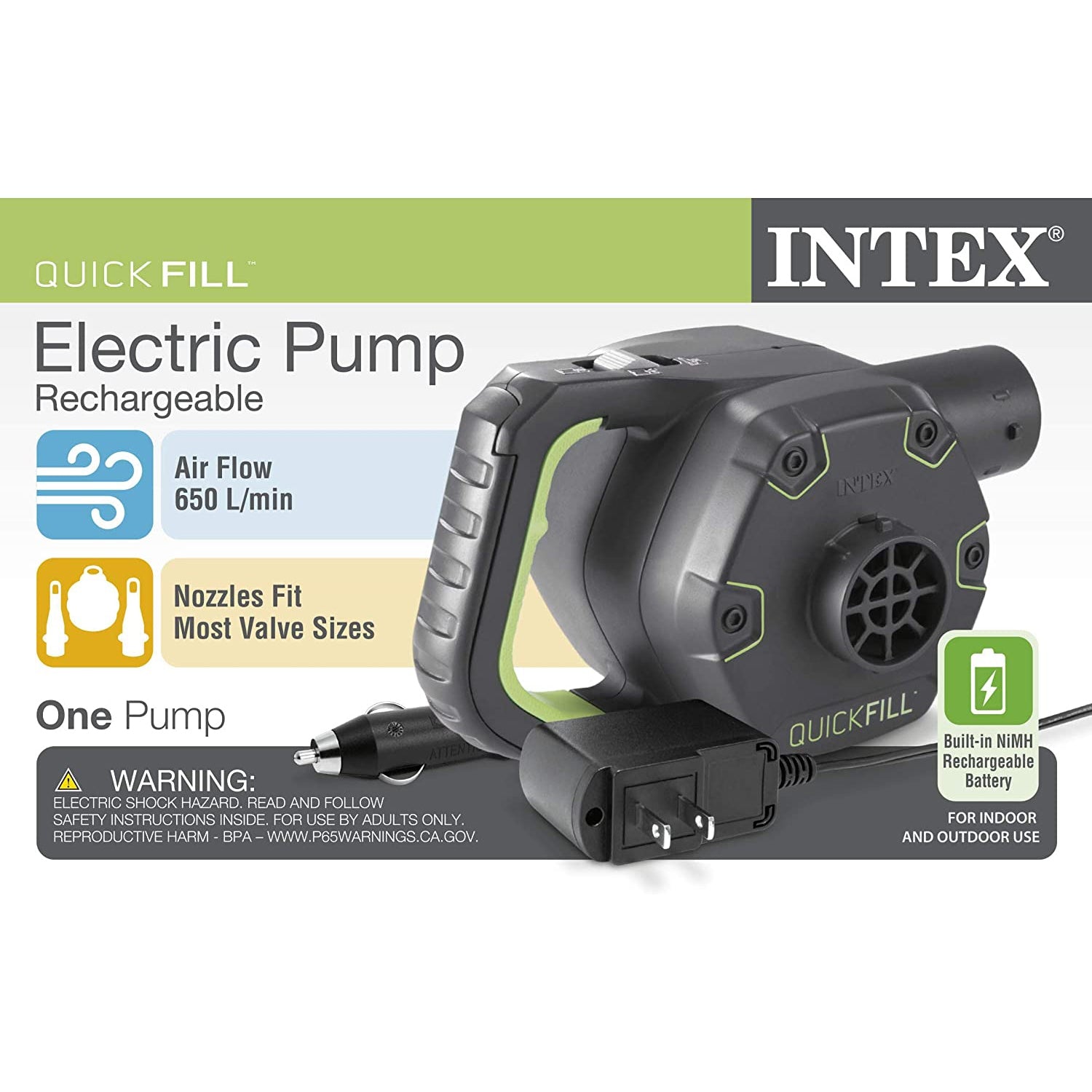 Intex - Pompe à Air Électrique Rechargeable, 3 Buses Interchangeable, Utilisation Interieur ou Exterieur - Simple Boutique