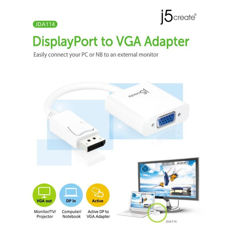 J5Create - Adaptateur DisplayPort à VGA, Blanc - Simple Boutique
