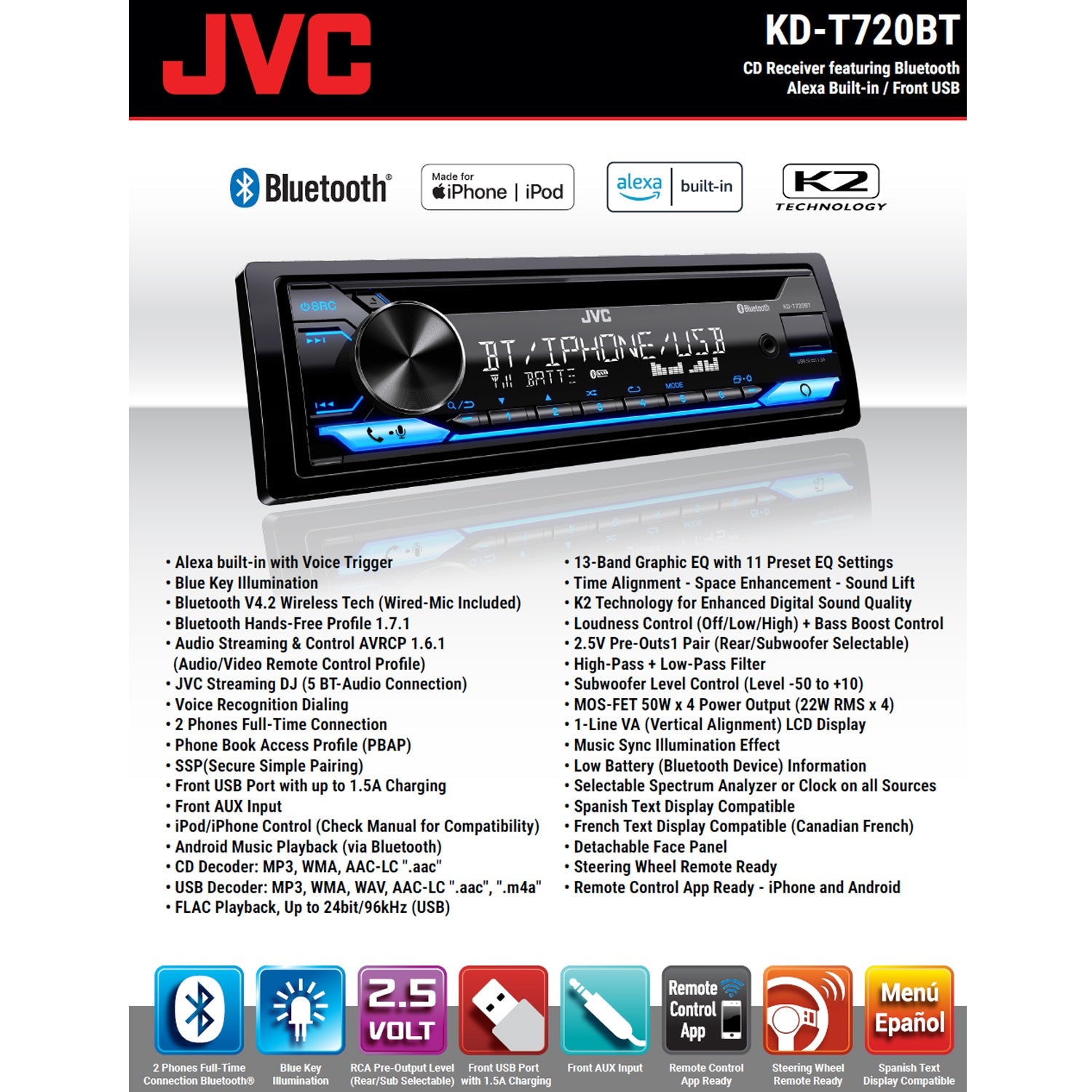 JVC KD-T720BT Lecteur CD/Radio pour Tableau de Bord Bluetooth pour Voiture, Noir - Simple Boutique