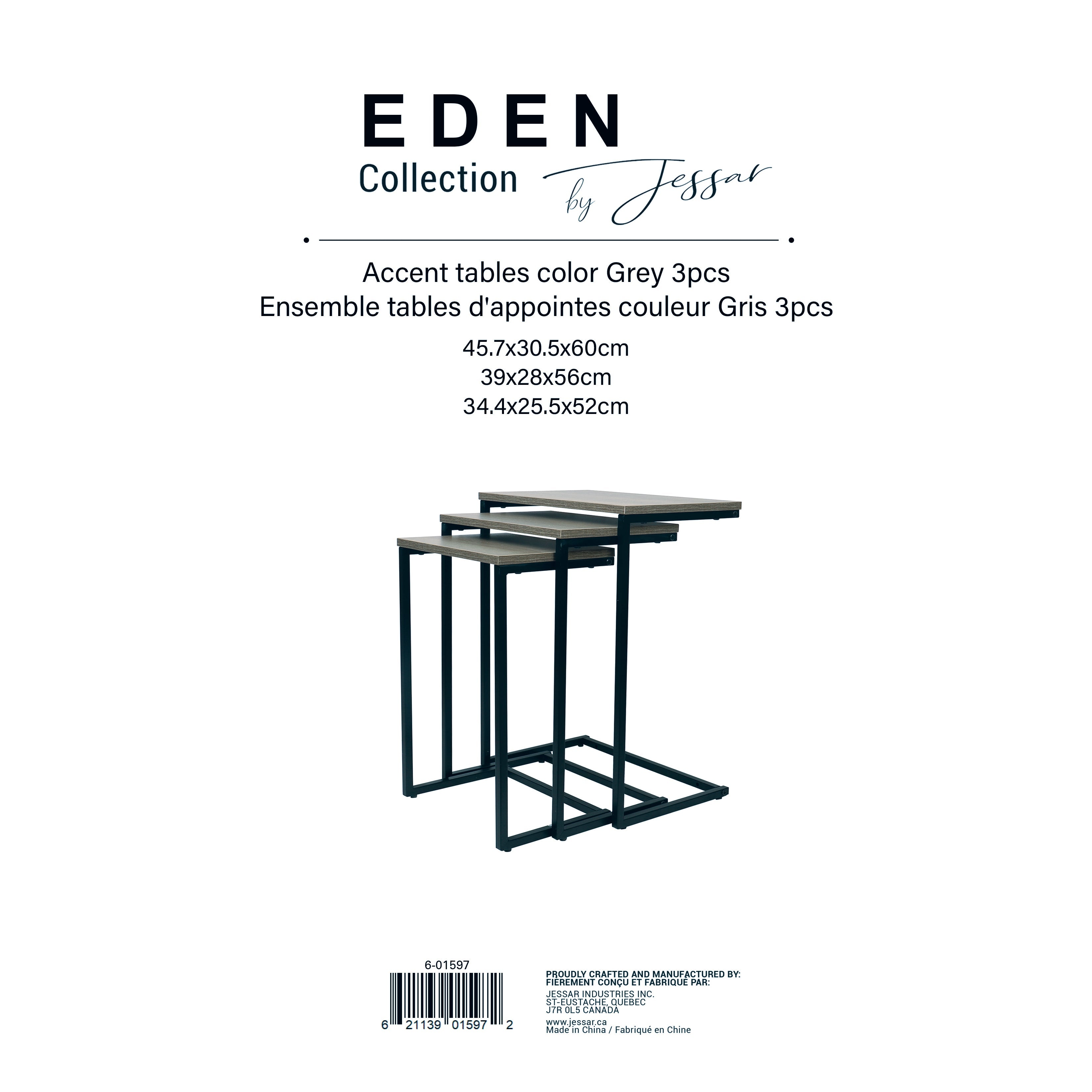 Jessar - Ensemble de 3 Tables d'appoint, De la Collection Eden, Grain de Bois Gris - Simple Boutique