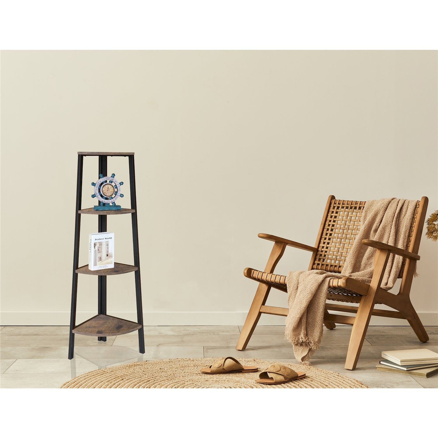 Jessar - Étagère en Coin à 4 Tablettes, Cadre en Métal, De la Collection Guilia, Brun - Simple Boutique