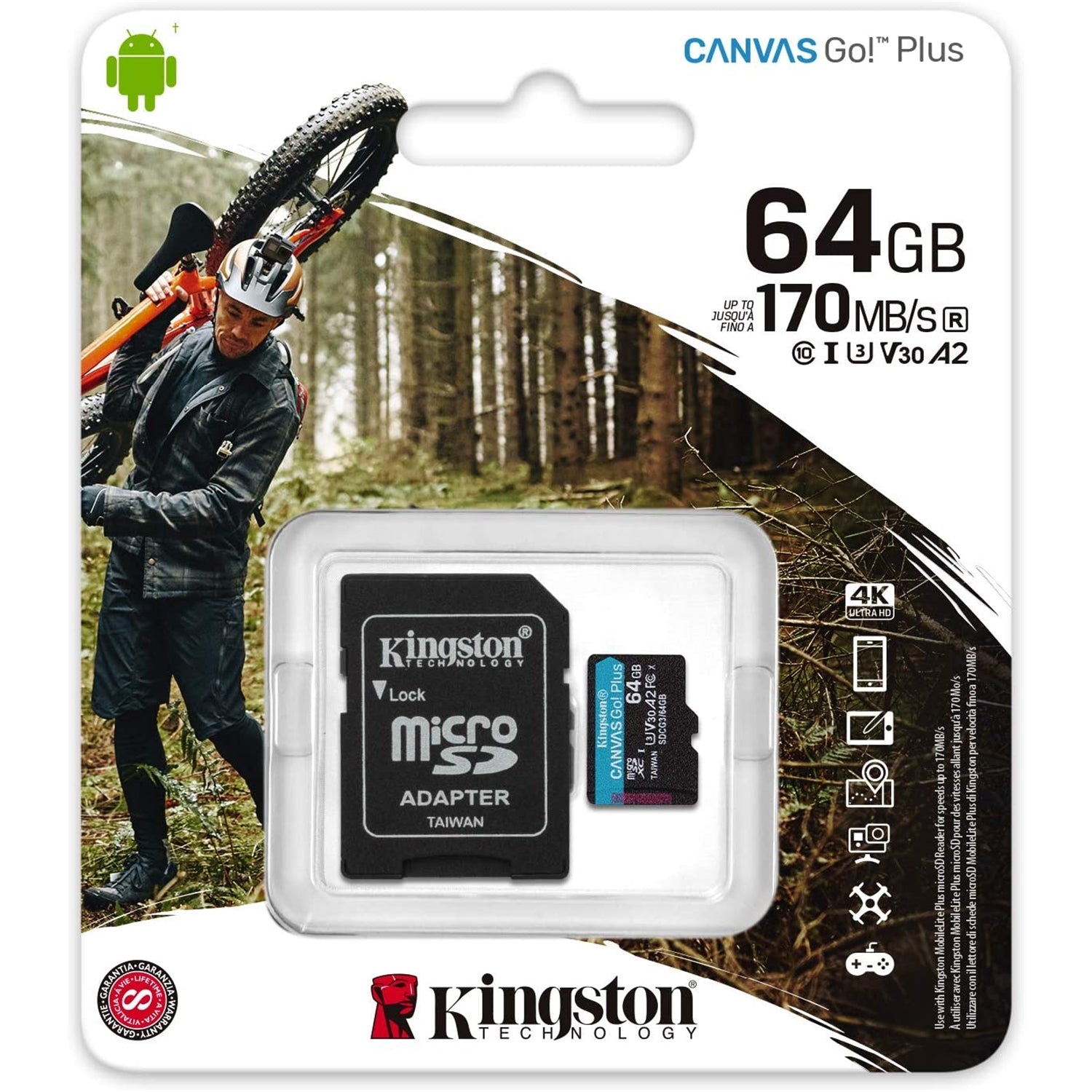 Kingston - Carte Mémoire MicroSD Plus Canvas Go avec Adapteur SD, Capactié de 64GB, Classe 10, UHS-I, U3, V30, A2 - Simple Boutique