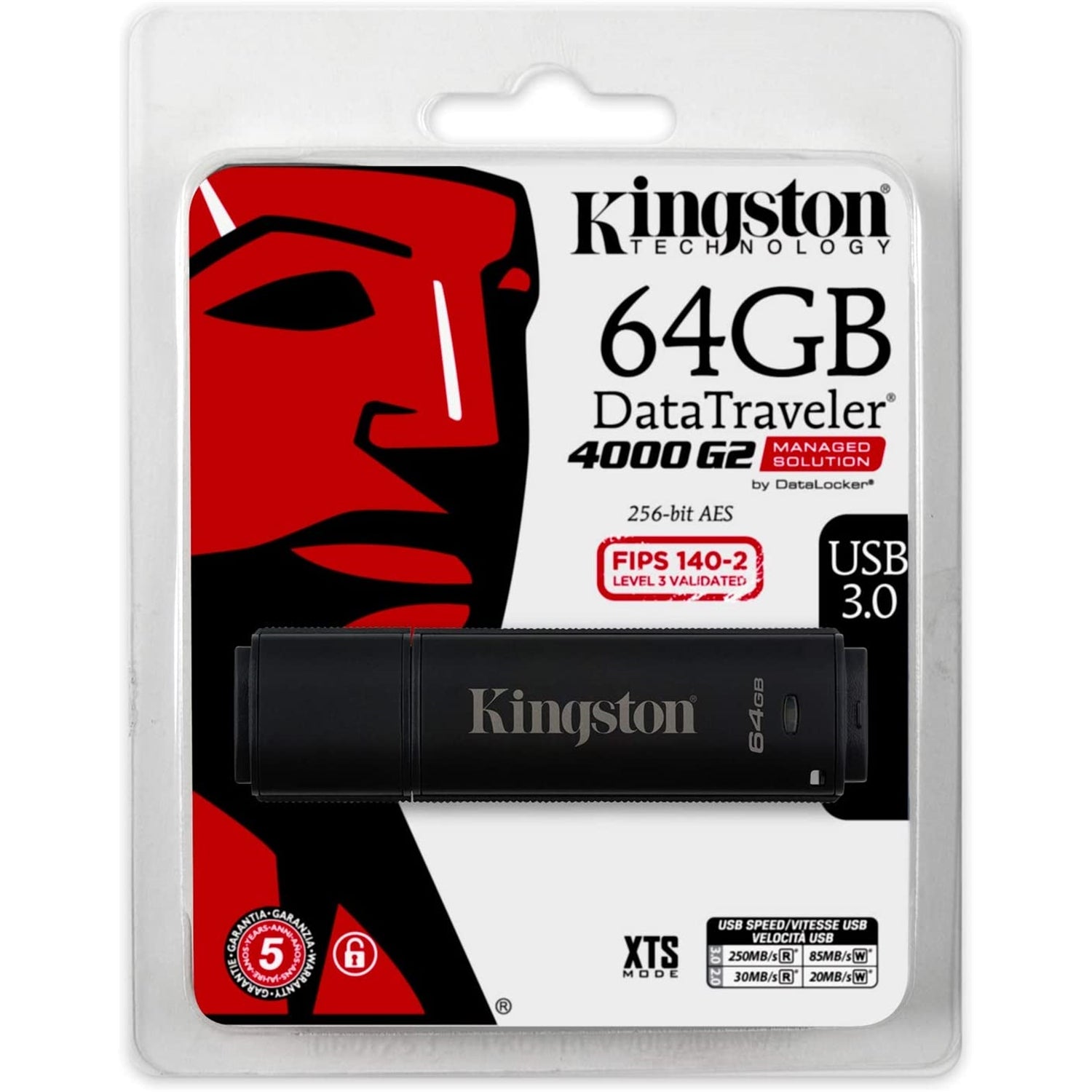 Kingston - Clé USB Chiffré USB 3.0 Data Traveler 4000G2, Capacité de 64GB, FIPS 140-2 Niveau 3 - Simple Boutique