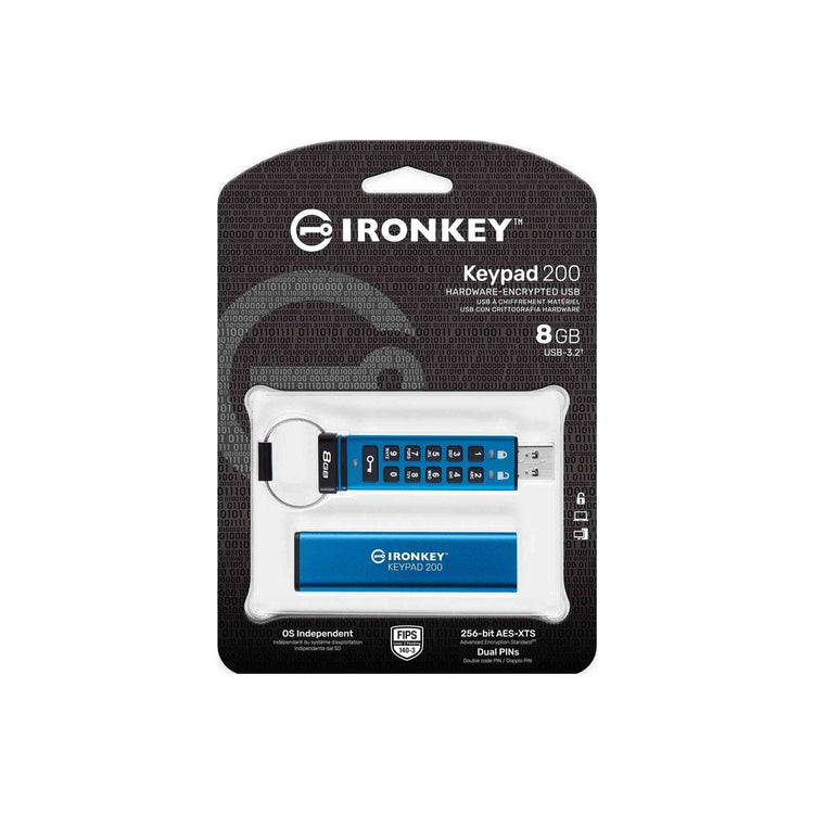 Kingston Technology - Clé USB Crypté IronKey Keypad 200, USB 3.2 GEN 1, Capacité de 8GB - Simple Boutique