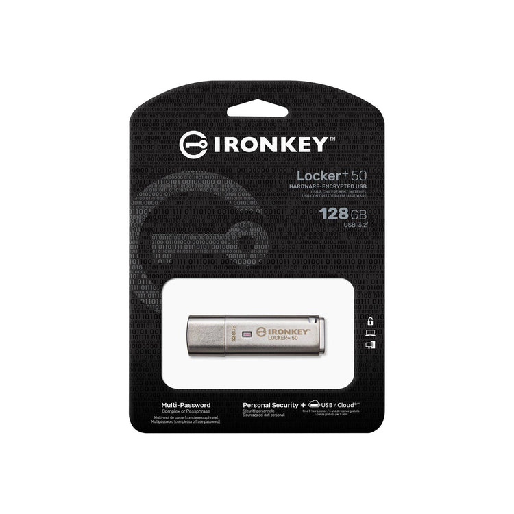 Kingston Technology - Clé USB Crypté IronKey Locker+ 50, USB 3.2 GEN 1, Capacité de 128GB, Sauvegarde Cloud Automatique - Simple Boutique
