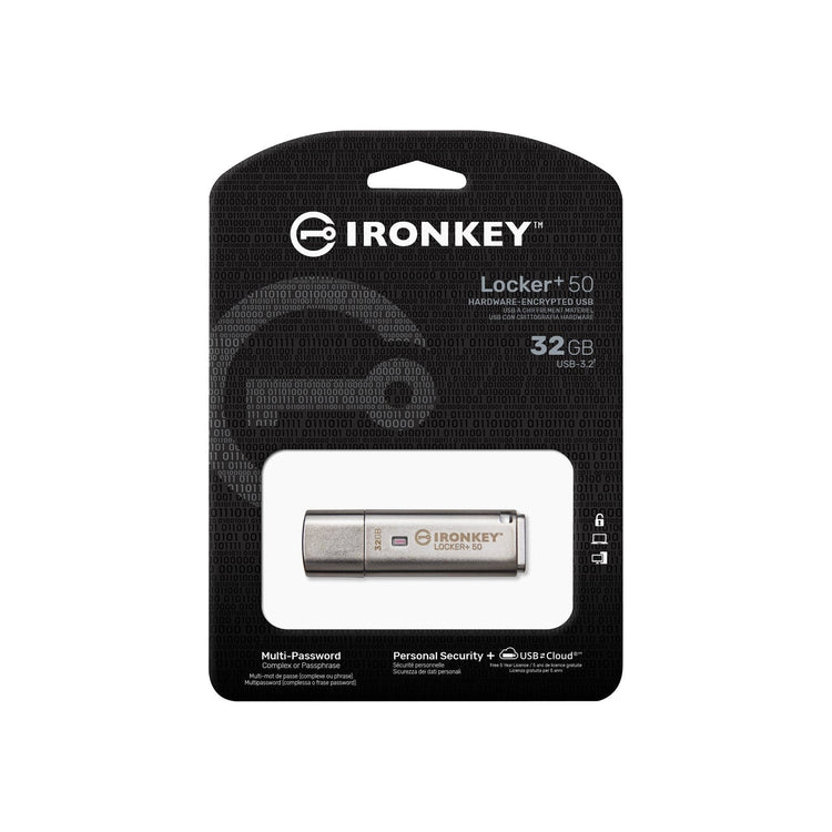 Kingston Technology - Clé USB Crypté IronKey Locker+ 50, USB 3.2 GEN 1, Capacité de 32GB, Sauvegarde Cloud Automatique - Simple Boutique