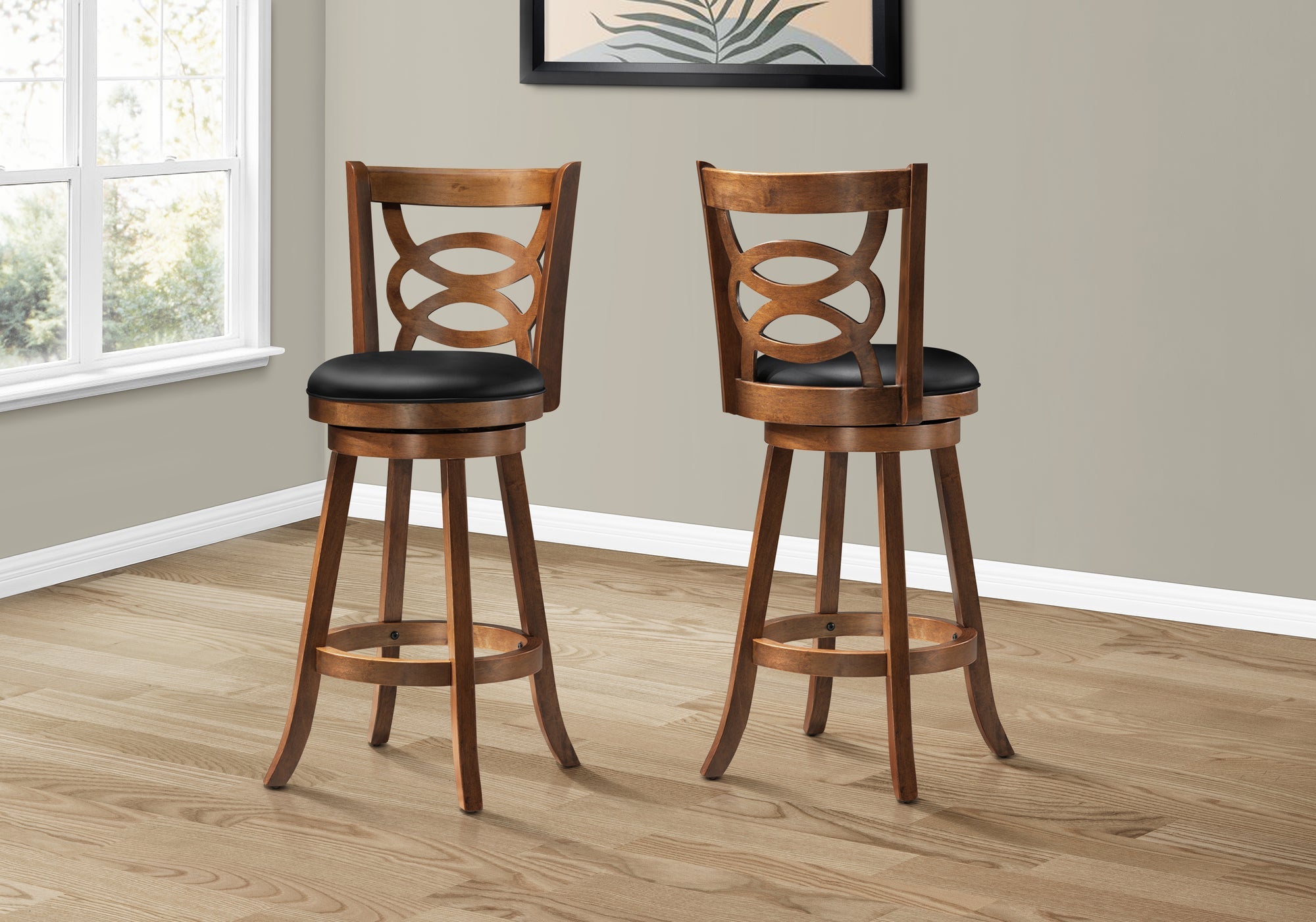 Monarch Specialties I 1251 Tabouret De Bar, Lot De 2, Pivotant, Hauteur Bar, Bois, Pu D'aspect Cuir, Brun, Noir, Transitionnel - Simple Boutique
