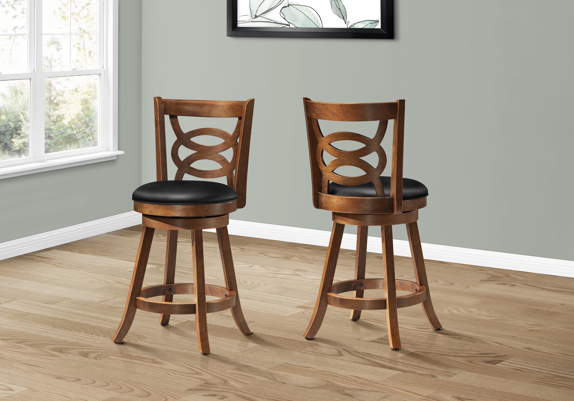 Monarch Specialties I 1252 Tabouret De Bar, Lot De 2, Pivotant, Hauteur Du Comptoir, Cuisine, Bois, Pu D'aspect Cuir, Brun, Noir, Transitionnel - Simple Boutique