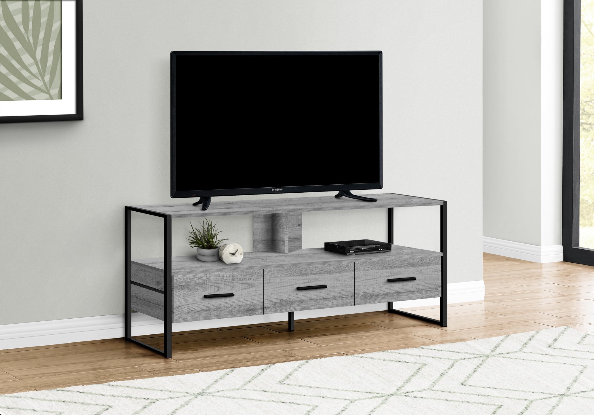 Monarch Specialties I 2617 Meuble Tv, 48 Pouces, Console, Centre De Divertissement Média, Tiroirs De Rangement, Salon, Chambre À Coucher, Stratifié, Métal, Gris, Noir, Contemporain, Moderne - Simple Boutique