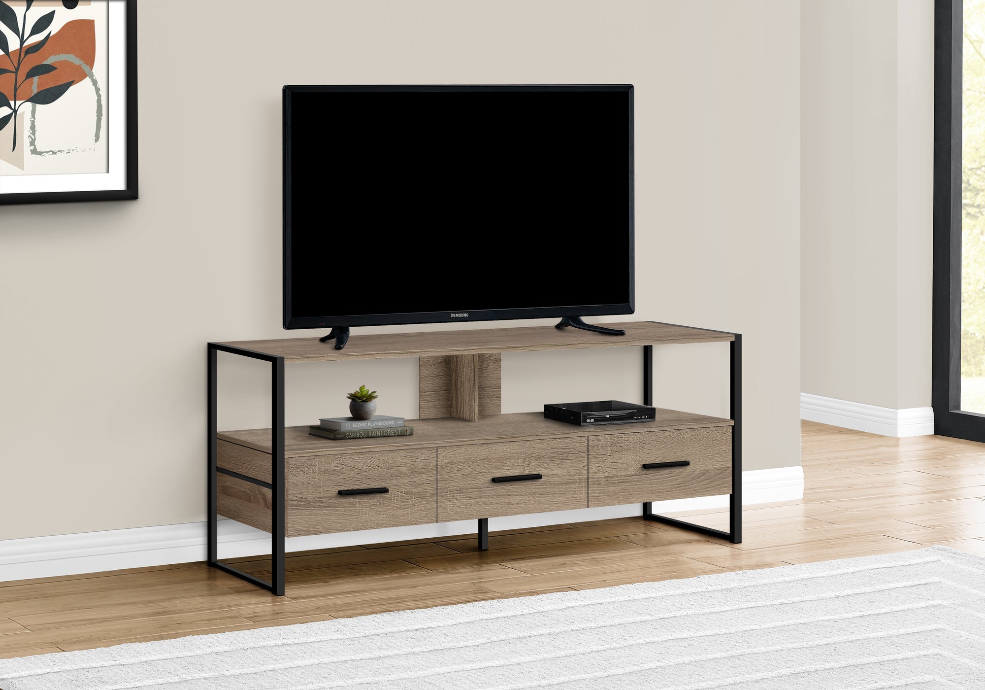 Monarch Specialties I 2618 Meuble Tv, 48 Pouces, Console, Centre De Divertissement Média, Tiroirs De Rangement, Salon, Chambre À Coucher, Stratifié, Métal, Brun, Noir, Contemporain, Moderne - Simple Boutique