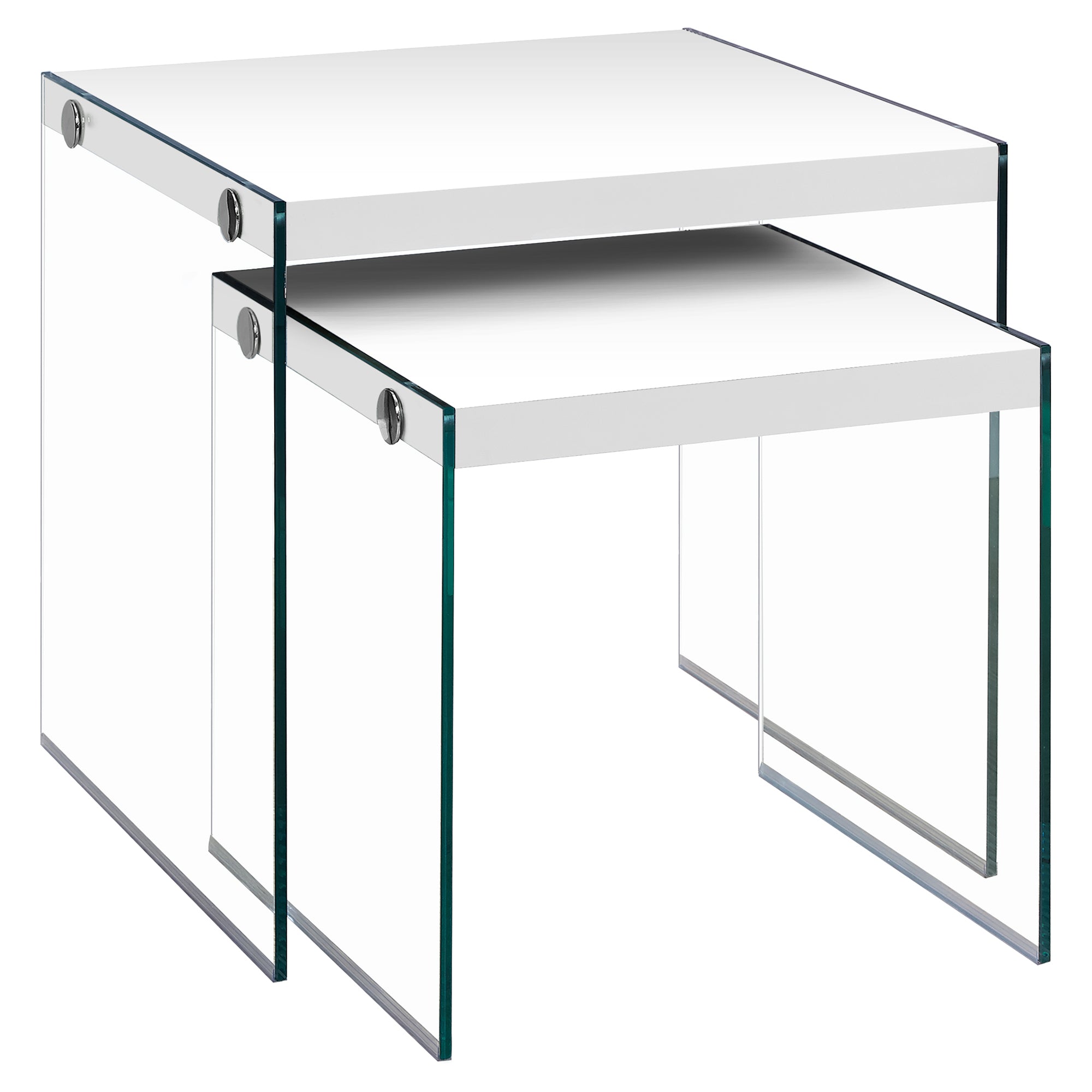 Monarch Specialties I 3287 Tables Gigognes, Lot De 2, Côté, Bout, Accent, Salon, Chambre À Coucher, Verre Trempé, Stratifié, Blanc Lustré, Dégager, Contemporain, Moderne - Simple Boutique