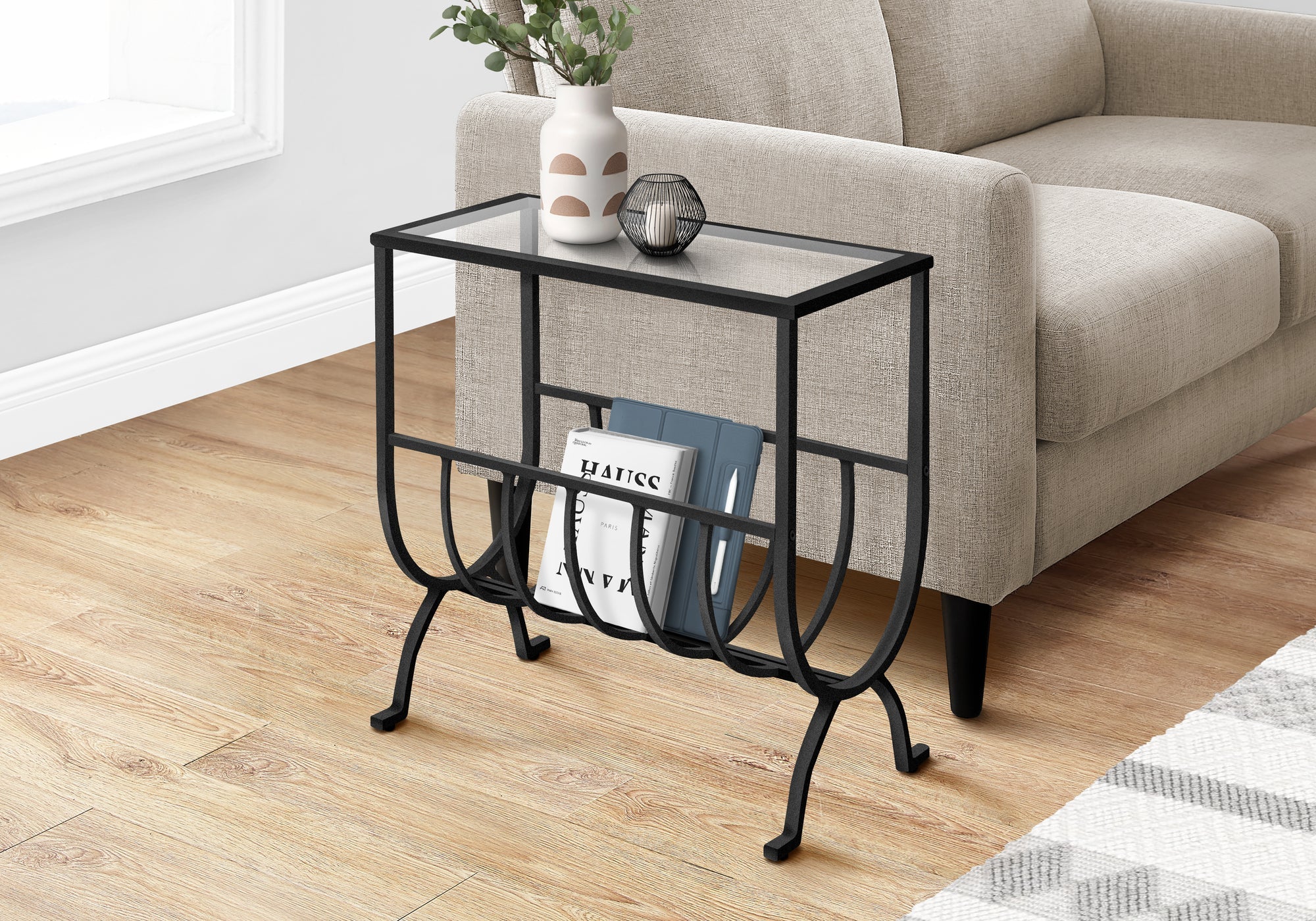 Monarch Specialties I 3308 Table D'appoint, Côté, Bout, Magazine, Table De Nuit, Étroit, Salon, Chambre À Coucher, Métal, Verre Trempé, Noir, Dégager, Transitionnel - Simple Boutique