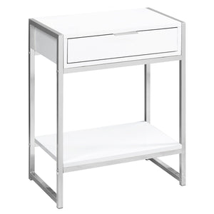 Monarch Specialties I 3480 Table D'appoint, Côté, Bout, Table De Nuit, Lampe, Tiroir De Rangement, Salon, Chambre À Coucher, Métal, Stratifié, Blanc Lustré, Chrome, Contemporain, Moderne - Simple Boutique