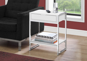 Monarch Specialties I 3480 Table D'appoint, Côté, Bout, Table De Nuit, Lampe, Tiroir De Rangement, Salon, Chambre À Coucher, Métal, Stratifié, Blanc Lustré, Chrome, Contemporain, Moderne - Simple Boutique