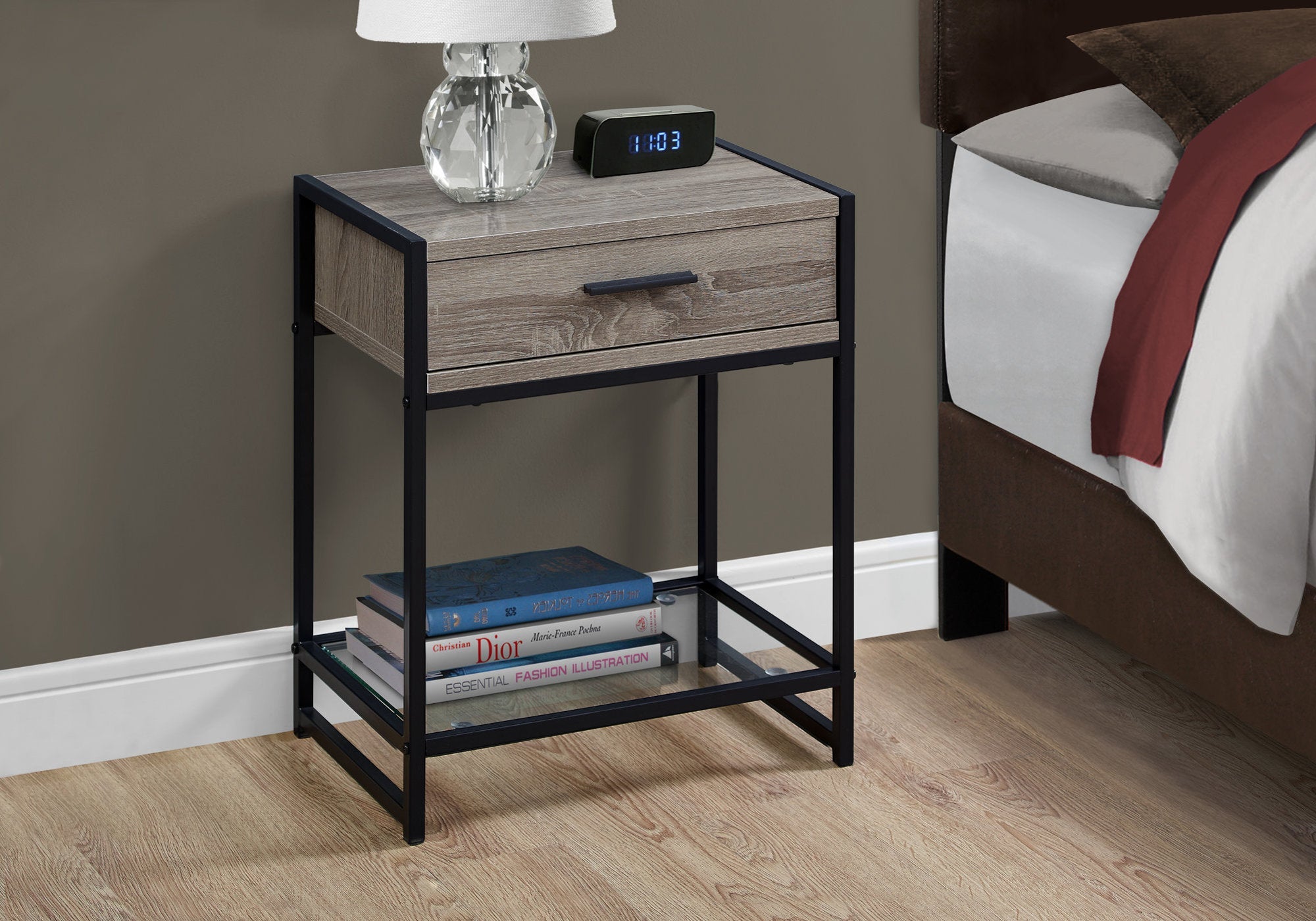 Monarch Specialties I 3501 Table D'appoint, Côté, Bout, Table De Nuit, Lampe, Tiroir De Rangement, Salon, Chambre À Coucher, Métal, Stratifié, Verre Trempé, Brun, Noir, Contemporain, Moderne - Simple Boutique