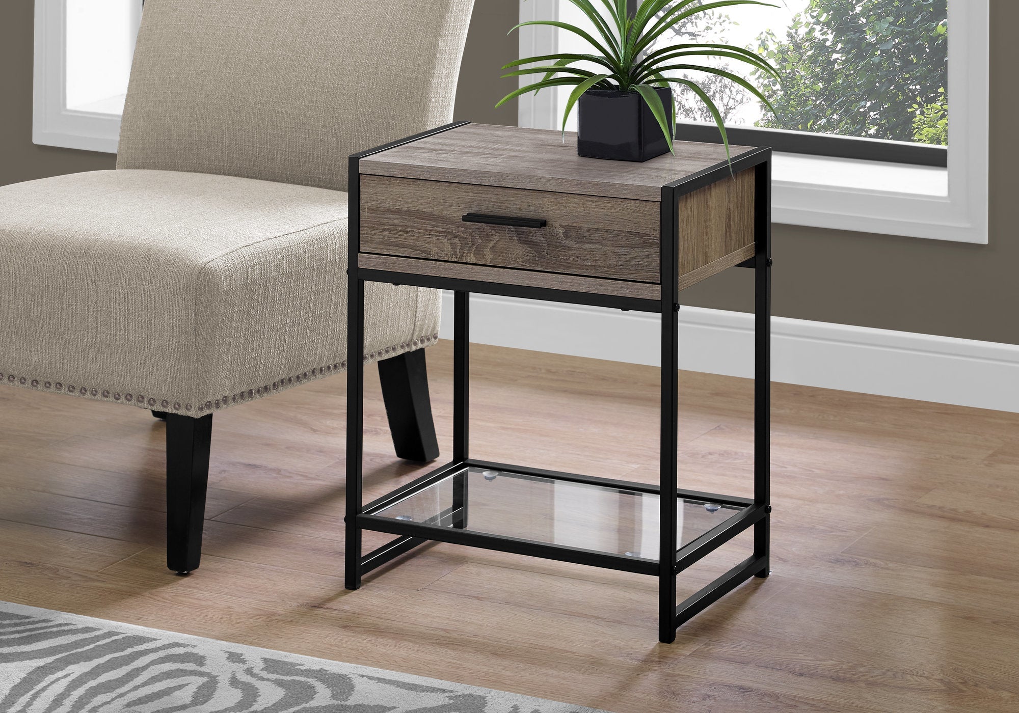 Monarch Specialties I 3501 Table D'appoint, Côté, Bout, Table De Nuit, Lampe, Tiroir De Rangement, Salon, Chambre À Coucher, Métal, Stratifié, Verre Trempé, Brun, Noir, Contemporain, Moderne - Simple Boutique