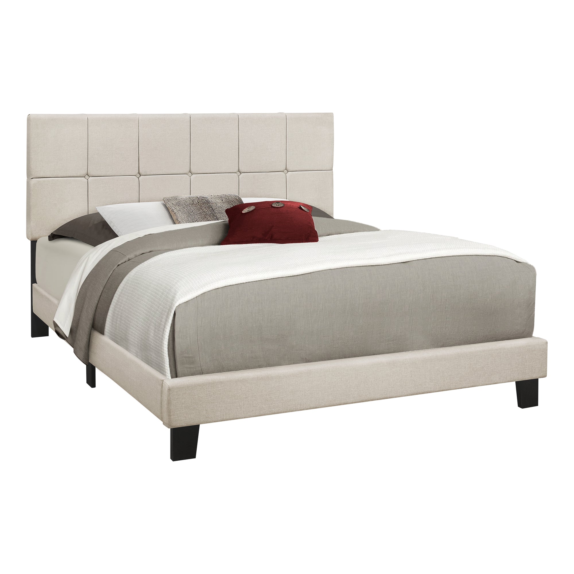 Monarch Specialties I 5605Q Lit, Grand, Plate-forme, Chambre À Coucher, Cadre, Rembourré, D'aspect Lin, Pattes En Bois, Beige, Noir, Transitionnel - Simple Boutique