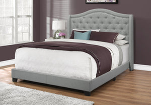 Monarch Specialties I 5966Q Lit, Grand, Plate-forme, Chambre À Coucher, Cadre, Rembourré, Velours, Pattes En Bois, Gris, Chrome, Traditionnel - Simple Boutique