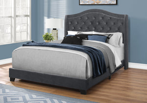 Monarch Specialties I 5968Q Lit, Grand, Plate-forme, Chambre À Coucher, Cadre, Rembourré, Velours, Pattes En Bois, Gris, Chrome, Traditionnel - Simple Boutique