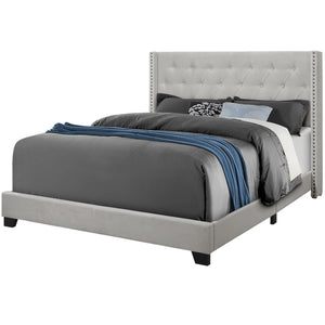 Monarch Specialties I 5985Q Lit, Grand, Plate-forme, Chambre À Coucher, Cadre, Rembourré, Velours, Pattes En Bois, Gris, Transitionnel - Simple Boutique