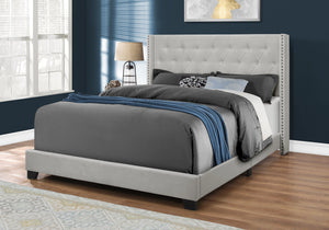 Monarch Specialties I 5985Q Lit, Grand, Plate-forme, Chambre À Coucher, Cadre, Rembourré, Velours, Pattes En Bois, Gris, Transitionnel - Simple Boutique
