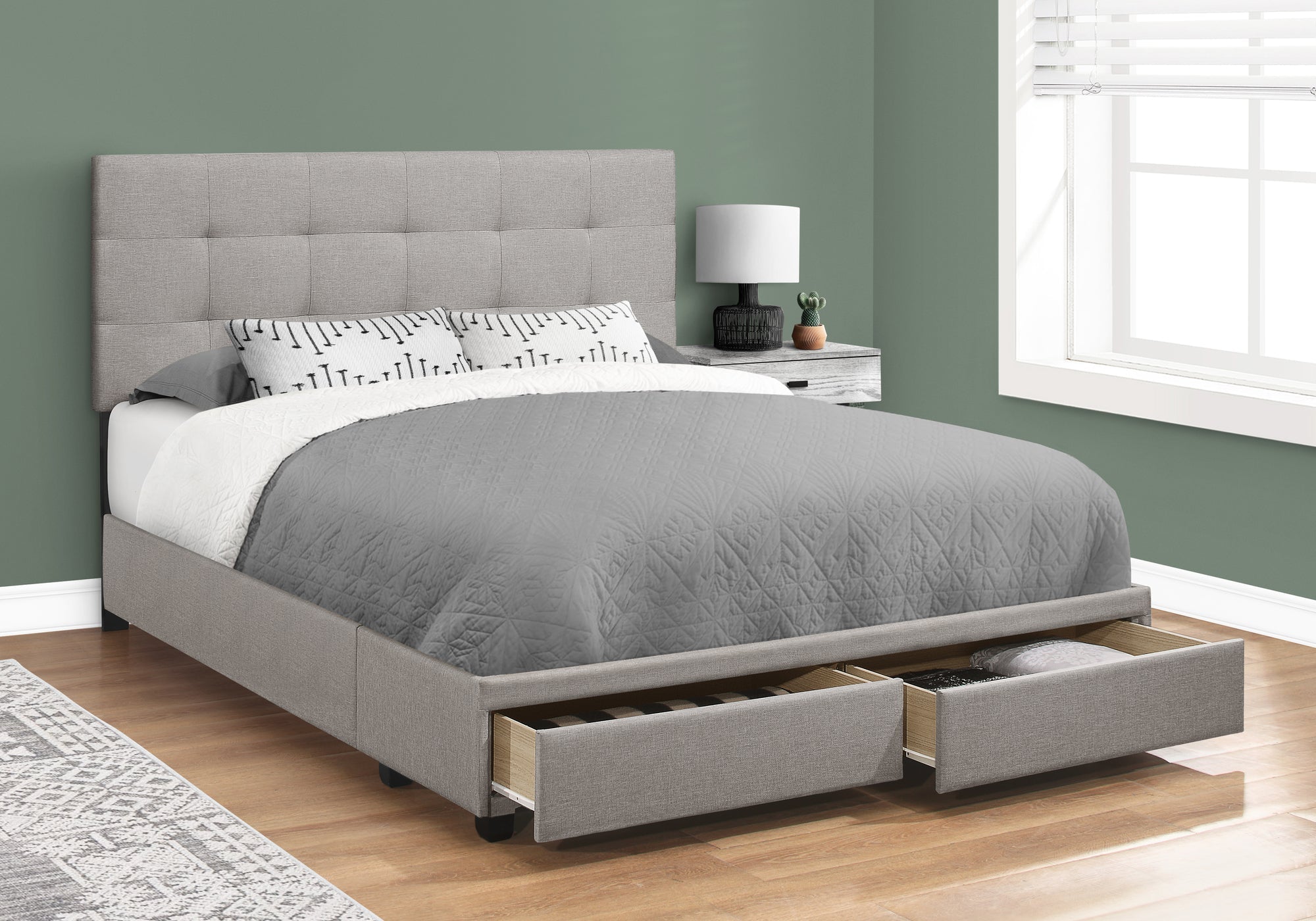 Monarch Specialties I 6020Q Lit, Grand, Plate-forme, Chambre À Coucher, Cadre, Rembourré, D'aspect Lin, Pattes En Bois, Gris, Transitionnel - Simple Boutique