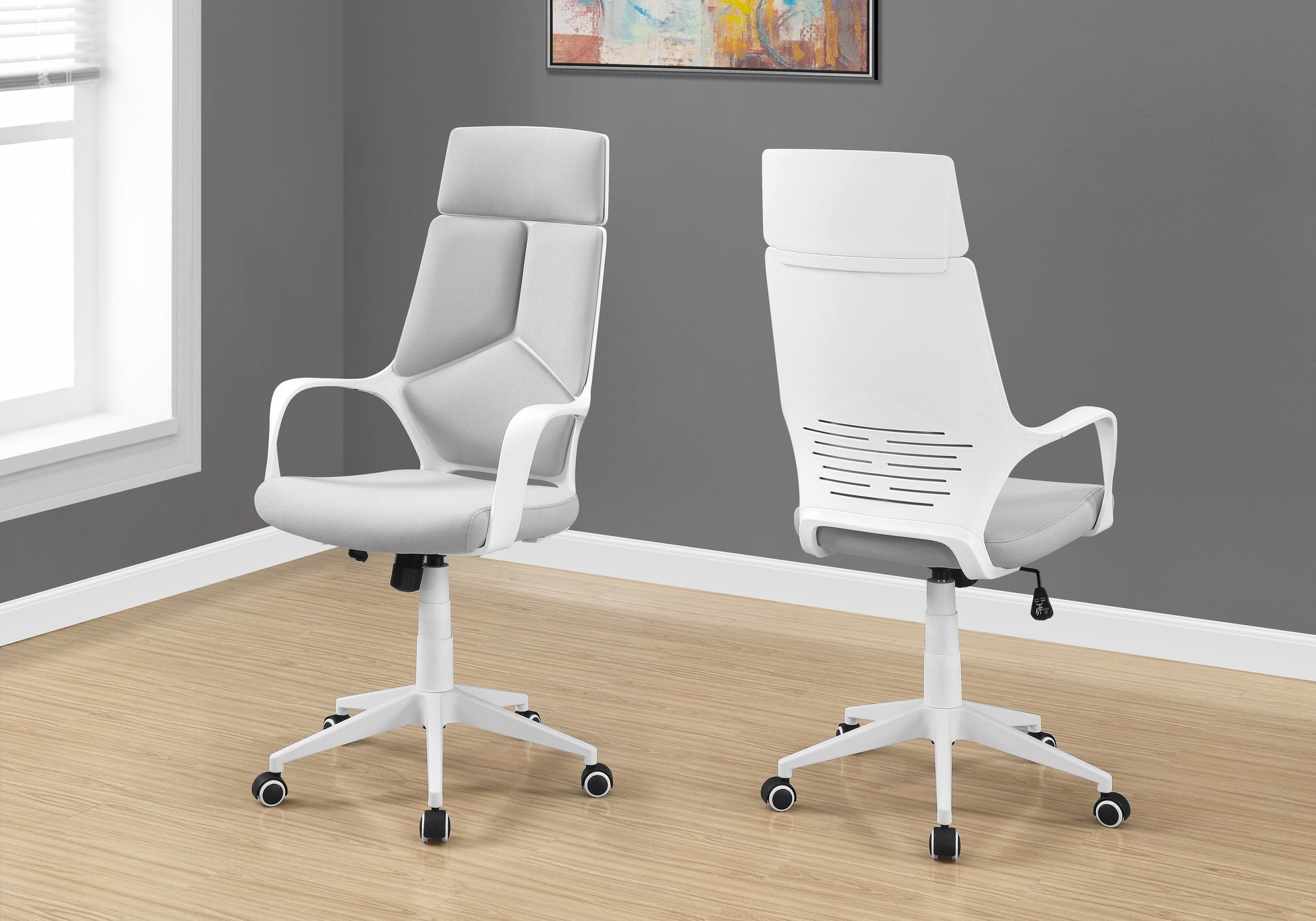 Monarch Specialties I 7270 Chaise De Bureau, Hauteur Ajustable, Pivotant, Ergonomique, Appuis-bras, Bureau, Travail, Métal, En Tissu, Blanc, Gris, Contemporain, Moderne - Simple Boutique