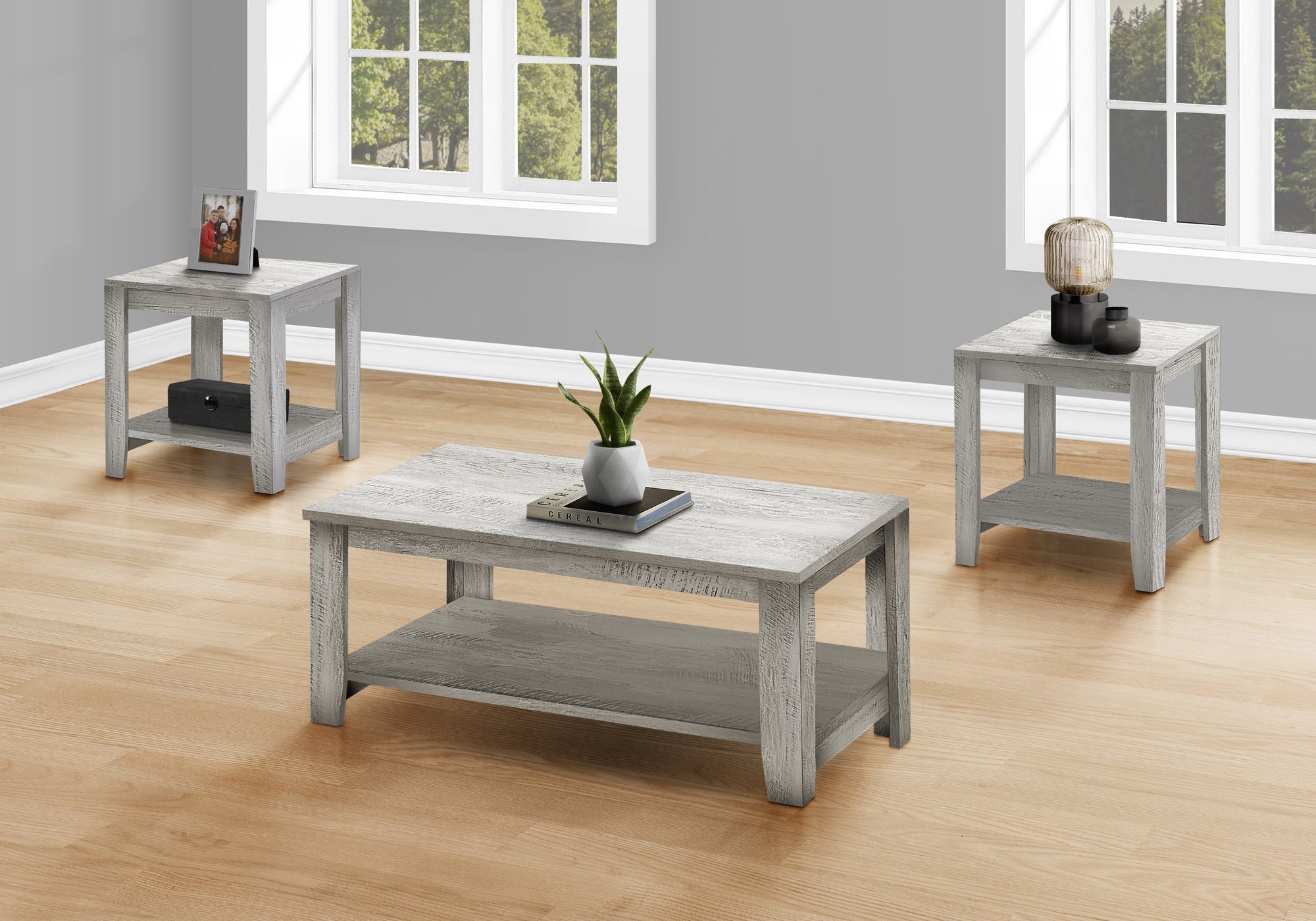 Monarch Specialties I 7880P Ensemble De Table, Ensemble 3pcs, Café, Bout, Côté, Accent, Salon, Stratifié, Gris, Transitionnel - Simple Boutique