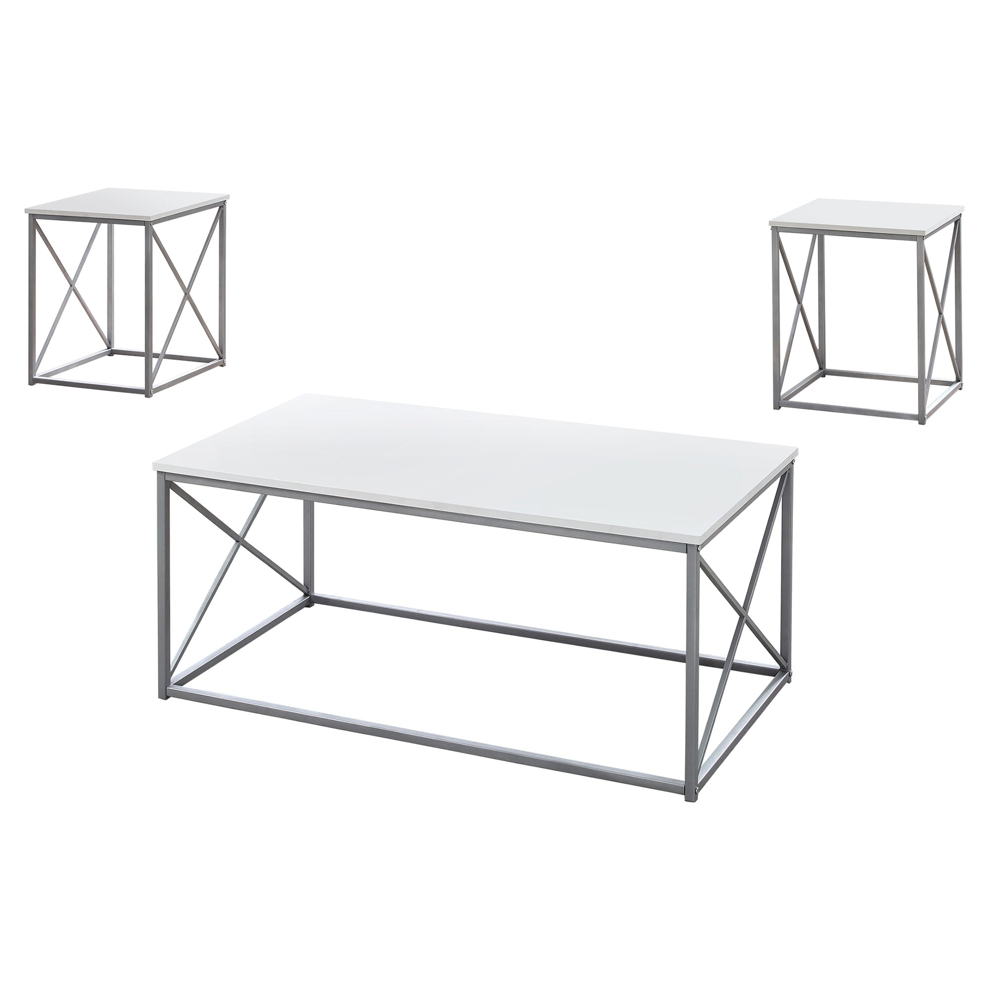 Monarch Specialties I 7951P Ensemble De Table, Ensemble 3pcs, Café, Bout, Côté, Accent, Salon, Métal, Stratifié, Blanc, Gris, Contemporain, Moderne - Simple Boutique