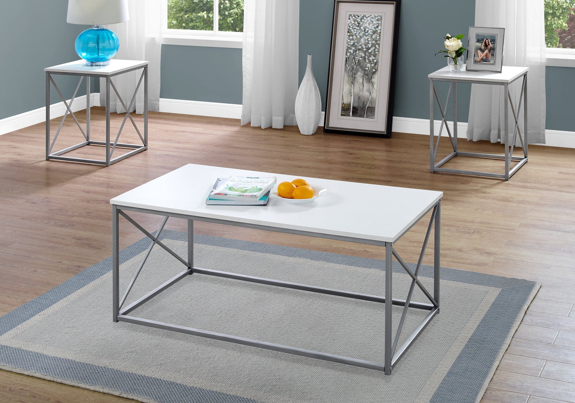 Monarch Specialties I 7951P Ensemble De Table, Ensemble 3pcs, Café, Bout, Côté, Accent, Salon, Métal, Stratifié, Blanc, Gris, Contemporain, Moderne - Simple Boutique