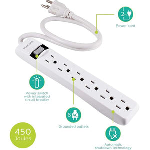 Philips - Emballage de 2 Protecteurs de Surtension à 6 Prises, Protection de 450 Joules, Blanc - Simple Boutique