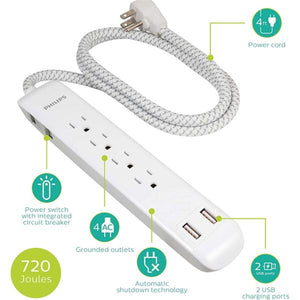 Philips - Protecteur de Surtension à 4 Prises et 2 Port USB, 720 Joules, Cordon de 4 Pieds, Blanc - Simple Boutique